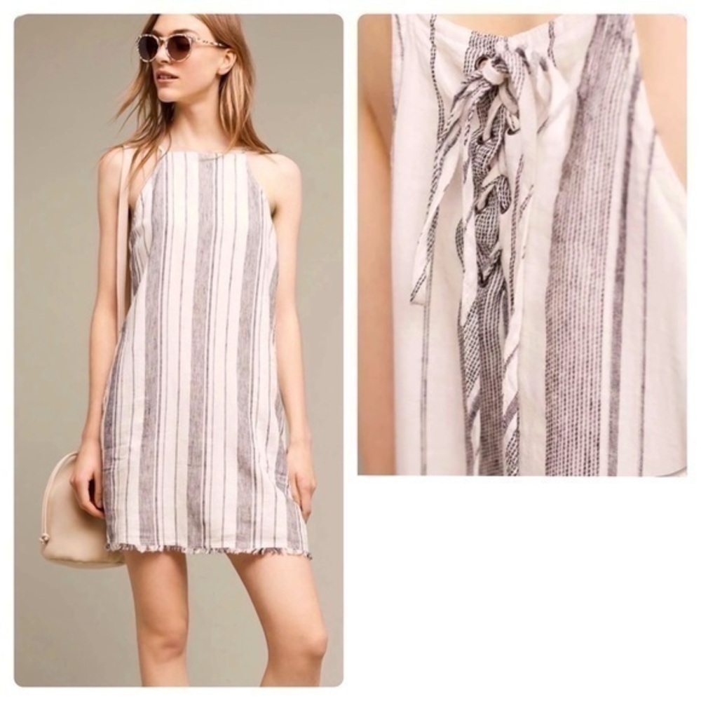 Cloth & Stone Anthropologie Striped Linen Halter Dress With Pockets Size XS